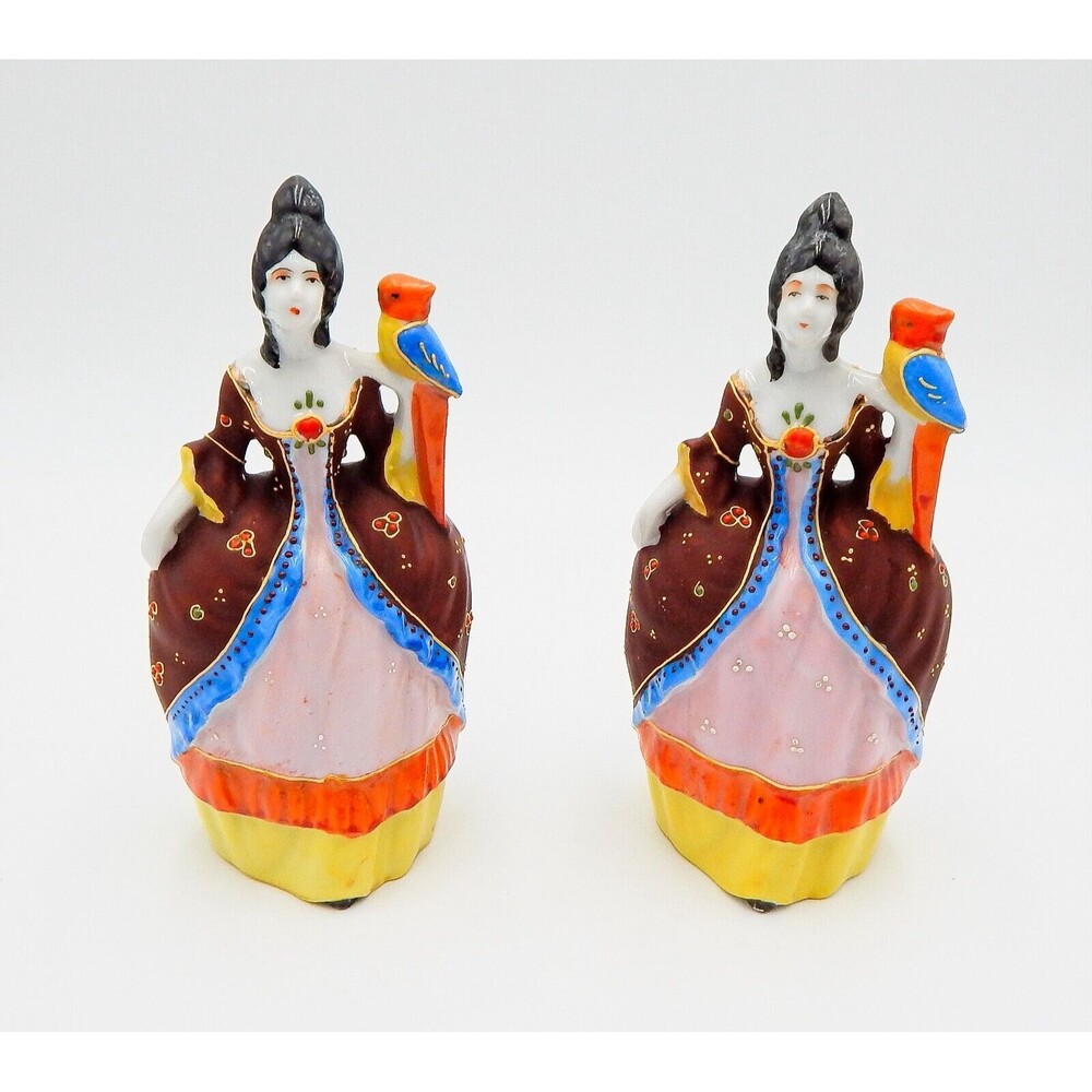 Porcelain Hand Painted Victorian Lady Parrot Moriage Pair Wall Pocket Japan